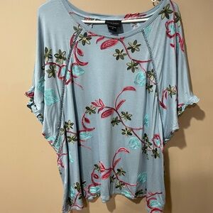 Chic Floral Embroidered Blouse in Blue and Red